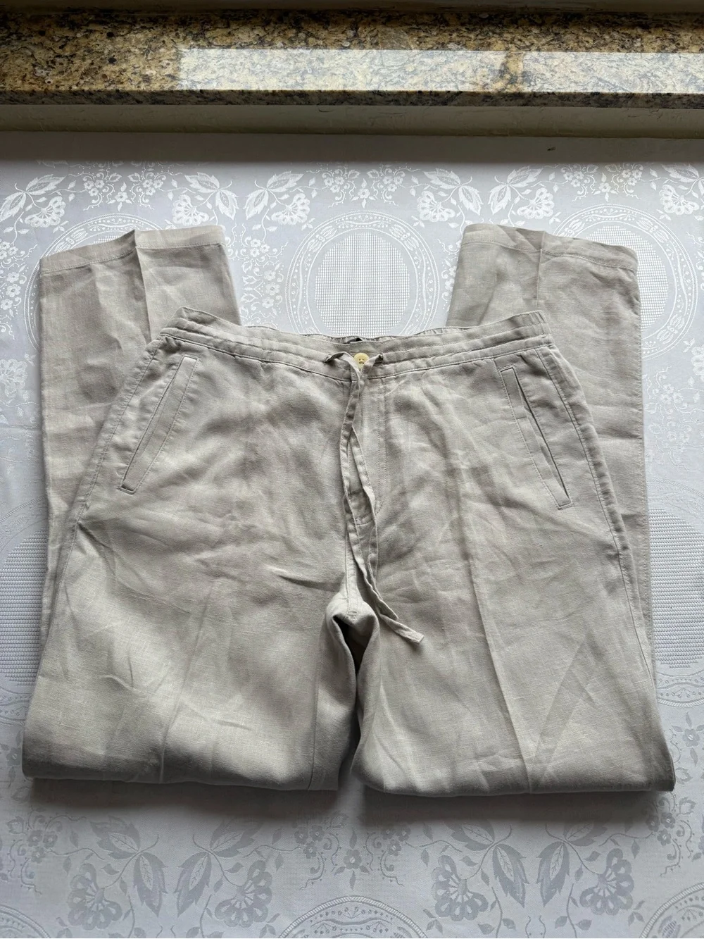 BLUE Saks Fifth Avenue Tan 100% Linen Casual Pants Elastic Waist Men’s Size 32